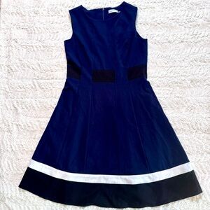Calvin Klein Navy Sleeveless Dress Black Waist Detail & White Hem Stripe Size 10
